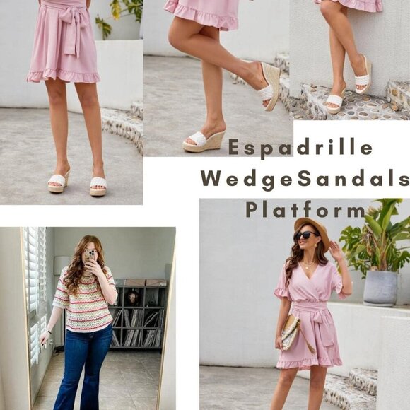 Womens Platform Wedge Espadrilles Faux Leather 8 Slip On Open Toe Summer - Picture 5 of 6